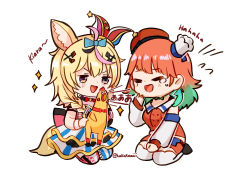 Rule 34 | 2girls, :d, absurdres, animal ears, asymmetrical legwear, blonde hair, chibi, commentary, crying, detached sleeves, fox ears, green hair, hair ornament, hakamii, hat, highres, hololive, hololive english, jester cap, laughing, long hair, long sleeves, mismatched legwear, multicolored hair, multiple girls, omaru polka, omaru polka (1st costume), open mouth, orange hair, purple eyes, rubber chicken, seiza, simple background, sitting, smile, symbol-only commentary, takanashi kiara, takanashi kiara (1st costume), twitter username, two-tone hair, virtual youtuber, white background, x hair ornament