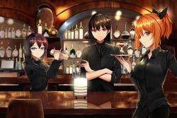 Rule 34 | 3girls, absurdres, aircell, bad id, bad pixiv id, bar (place), bartender, black bow, black hair, black neckwear, black shirt, black vest, blue eyes, bottle, bow, cocktail, cocktail glass, collared shirt, crossed arms, cup, dress shirt, drink, drinking glass, formal, glint, hair bow, highres, indoors, lamp, long sleeves, looking at viewer, multiple girls, narynn (character), necktie, orange hair, original, ponytail, red eyes, ringed eyes, shirt, short hair, sleeves rolled up, smile, suit, tray, vest