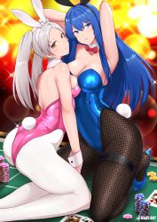 Rule 34 | 2girls, absurdres, animal ears, arms behind head, arms up, artist logo, artist name, ass, asymmetrical docking, bare shoulders, blue eyes, blue footwear, blue hair, blue leotard, bow, bowtie, breast press, breasts, brown eyes, brown legwear, caeda (fire emblem), card, cleavage, commission, detached collar, fake animal ears, female focus, fire emblem, fire emblem: mystery of the emblem, fire emblem awakening, fishnet pantyhose, fishnets, from behind, highleg, highleg leotard, highres, kaos art, large breasts, leotard, long hair, looking back, matching hair/eyes, medium breasts, multiple girls, nintendo, pantyhose, pink leotard, playboy bunny, playing card, poker, poker chip, poker table, rabbit ears, rabbit tail, robin (female) (fire emblem), robin (fire emblem), smile, table, tail, thigh strap, twintails, white hair, white legwear, wide hips, wrist cuffs