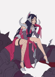 Rule 34 | 1girl, black hair, blue eyes, breasts, closed mouth, dress, gloves, grey footwear, hair ornament, high heels, highres, irelia, knight, league of legends, long hair, medium breasts, pink gloves, pumps, qi mang (qimang), red dress, shoes, simple background, single fishnet legwear, sitting, sitting on person, solo, stiletto heels, very long hair, weapon, white background
