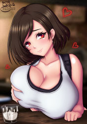 Rule 34 | 1girl, absurdres, alternate hair length, alternate hairstyle, bare arms, breasts, brown eyes, cleavage, cloak, collarbone, cup, final fantasy, final fantasy vii, hand on own chest, head tilt, heart, highres, huge breasts, indoors, looking at viewer, patreon username, red eyes, sevie, short hair, smile, solo, suggestive fluid, swept bangs, tank top, tifa lockhart, twitter username, upper body, white tank top