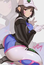 Rule 34 | 1girl, alternate costume, artist name, ass, baseball cap, black jacket, bodysuit, breasts, brown eyes, brown hair, d.va (overwatch), facial mark, grey background, hair bun, hat, highres, huge ass, jacket, looking at viewer, overwatch, overwatch 1, pants, popped collar, probablynoon, seiza, shooting star d.va, sidelocks, signature, single hair bun, sitting, solo, tagme, tattoo, v, zoom layer