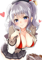 Rule 34 | 10s, 1girl, beret, blue eyes, blush, bra, breasts, cleavage, epaulettes, female focus, hat, hazuki gyokuto, heart, jacket, kantai collection, kashima (kancolle), large breasts, leaning forward, long hair, looking at viewer, military, military uniform, miniskirt, open clothes, open jacket, pleated skirt, red bra, silver hair, skirt, smile, solo, tsurime, twintails, underwear, uniform, wavy hair