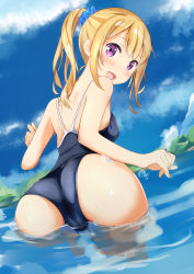 Rule 34 | 1girl, ass, back, blonde hair, blue one-piece swimsuit, blue scrunchie, blue sky, blush, colored eyelashes, competition school swimsuit, day, hair ornament, hair scrunchie, high ponytail, highres, long hair, looking at viewer, looking back, miyuki (yxbt7), one-piece swimsuit, open mouth, original, purple eyes, resolution mismatch, school swimsuit, scrunchie, shoulder blades, sky, solo, source smaller, standing, swimsuit, wading, water, wedgie