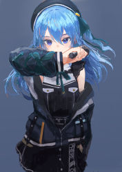 Rule 34 | 1girl, absurdres, arm up, bare shoulders, black hat, black jacket, black shirt, black skirt, blue eyes, blue hair, commentary request, cowboy shot, green ribbon, grey background, hat, hat ribbon, highres, holding, holding microphone, hololive, hoshimachi suisei, hoshimachi suisei (streetwear), ichika (ichika87), jacket, long hair, long sleeves, looking at viewer, microphone, neck ribbon, open clothes, open jacket, ribbon, shirt, simple background, skirt, solo, virtual youtuber