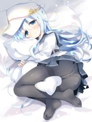 Rule 34 | 1girl, absurdres, artistic error, ass, bad id, bad pixiv id, black pantyhose, black skirt, blue eyes, blush, closed mouth, commentary request, flat cap, hair between eyes, hammer and sickle, hat, hibiki (kancolle), highres, hizuki yayoi, holding, hug, hugging object, kantai collection, long hair, looking at viewer, lying, on bed, on side, panties, panties under pantyhose, pantyhose, peaked cap, pillow, pillow hug, pleated skirt, sailor collar, school uniform, serafuku, silver hair, skirt, solo, star (symbol), underwear, verniy (kancolle), white hat, wrong foot
