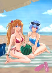 Rule 34 | 2girls, absurdres, ass, ayanami rei, bacillus, ball, barefoot, beach, bikini, blue eyes, blue hair, blue one-piece swimsuit, blue sky, breasts, brown hair, cleavage, cloud, cloudy sky, day, female focus, full body, highleg, highleg swimsuit, highres, holding, holding ball, kneeling, long hair, looking at viewer, medium breasts, multiple girls, navel, neon genesis evangelion, one-piece swimsuit, open mouth, red bikini, red eyes, sand, sandals, side-tie bikini bottom, sitting, sky, smile, souryuu asuka langley, sunglasses on head, swimsuit, thong, thong bikini, twintails, upper body, very long hair, white bikini