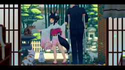 Rule 34 | 1boy, 1girl, :d, alternate costume, alternate hairstyle, animal ears, azur lane, bamboo, black hair, blunt bangs, cat, commander (azur lane), commentary request, crutch, dalian (1457091741), fox ears, fox girl, fox tail, from behind, full body, hair bun, height difference, highres, japanese clothes, kimono, kitsune, letterboxed, long hair, long sleeves, looking at another, looking to the side, military, military uniform, nagato (azur lane), naval uniform, obi, open mouth, out of frame, sash, short kimono, shouji, sidelocks, single hair bun, size difference, sliding doors, smile, standing, stone lantern, tail, tree, uniform, wide sleeves, yellow eyes