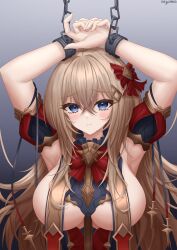 Rule 34 | 1girl, absurdres, armpits, arms up, azur lane, between breasts, blonde hair, blue eyes, bound, bound wrists, breast curtains, breasts, chain, cuffs, dress, fortune (azur lane), fortune (meta) (azur lane), hair between eyes, hair ornament, hair ribbon, highres, large breasts, light blush, long hair, looking at viewer, red dress, ribbon, shackles, signature, simple background, solo, ueyama 0clock, upper body