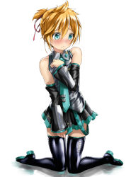 Rule 34 | 1boy, bare shoulders, black thighhighs, blonde hair, blue eyes, blush, boots, cosplay, covering privates, covering crotch, crossdressing, detached sleeves, fumi11gou, hair ribbon, hatsune miku, hatsune miku (cosplay), kagamine len, latex, male focus, necktie, ribbon, skirt, solo, thigh boots, thighhighs, trap, vocaloid, white background