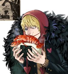Rule 34 | 1boy, black coat, black jacket, blonde hair, brown eyes, coat, donquixote rocinante, eating, feather coat, food, heart, highres, holding, holding food, hood, hood up, jacket, lobster, looking at food, makeup, male focus, one piece, onigiri, reference inset, school uniform, short hair, spicemachine02, sweater, upper body, white background, yellow sweater