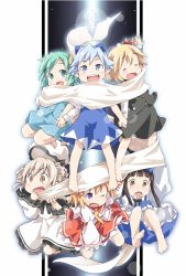 Rule 34 | 6+girls, barefoot, black hair, blonde hair, blue dress, blue eyes, blue hair, bow, brown eyes, cirno, daiyousei, dress, drill hair, closed eyes, green eyes, green hair, hair bow, hair ribbon, ham (points), hat, holding hands, long sleeves, luna child, multiple girls, one eye closed, open mouth, pointy ears, purple eyes, red dress, ribbon, rumia, scarf, shared clothes, shared scarf, shirt, short sleeves, skirt, skirt set, smile, star sapphire, sunny milk, touhou, vest, white dress, wide sleeves, yellow eyes