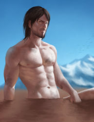 Rule 34 | 1boy, bad id, bad pixiv id, bara, bird, blue sky, brown eyes, brown hair, day, death stranding, facial hair, highres, long hair, looking at viewer, male focus, mountain, mustache, navel, norman reedus, outdoors, pectorals, r suka, realistic, sam porter bridges, sitting, sky, solo, stubble, water