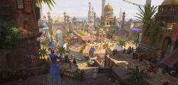 Rule 34 | aladdin (disney), bird, boat, building, bush, camel, canopy (shelter), city, cityscape, commentary, cyclecircle, day, english commentary, fantasy, gate, genie (aladdin), highres, mountainous horizon, outdoors, palm tree, people, polearm, railing, river, sail, scaffolding, scenery, shadow, shield, stairs, tree, walking, water, watercraft, weapon, wide shot, window