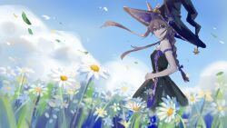 Rule 34 | 1girl, absurdres, amiya (arknights), animal ears, arin (aaua8438), arknights, bare shoulders, black dress, black hat, blue eyes, braid, brown hair, chinese commentary, closed mouth, commentary request, day, dress, ears through headwear, field, flower, flower field, frilled hat, frills, hair between eyes, hat, highres, light smile, long hair, looking at viewer, outdoors, petals, purple hat, rabbit ears, rabbit girl, signature, sketch, solo, standing, turning head, two-sided fabric, two-sided headwear, white flower, wind, witch hat