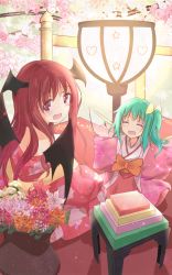Rule 34 | 2girls, :d, ^ ^, bat wings, blush, cherry blossoms, daiyousei, demon wings, closed eyes, fairy wings, green hair, happy, head wings, highres, hinamatsuri, japanese clothes, kimono, koakuma, mickeysmith, multiple girls, open mouth, red hair, side ponytail, smile, touhou, wings