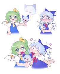 Rule 34 | 2girls, absurdres, blue bow, blue dress, blue eyes, blue hair, bow, bowtie, character-themed food, cirno, daiyousei, detached wings, dress, fairy, fairy wings, food, fumo (doll), green eyes, green hair, hair bow, hair ribbon, highres, holding, holding food, holding popsicle, ice, ice wings, multiple girls, nnickykunn, pinafore dress, popsicle, puffy short sleeves, puffy sleeves, red bow, red bowtie, ribbon, shirt, short hair, short sleeves, side ponytail, simple background, sleeveless, sleeveless dress, smile, thick eyebrows, touhou, white background, white shirt, wings, yellow bow