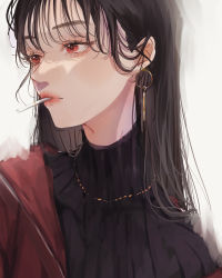 Rule 34 | 1girl, black hair, cigarette, earrings, highres, jewelry, long hair, looking away, mouth hold, original, red eyes, sameukiwa, simple background, smoking, solo, upper body, white background