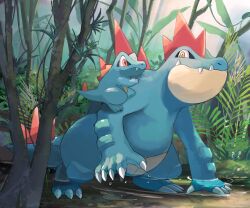 Rule 34 | 2others, claws, creatures (company), feraligatr, game freak, gen 2 pokemon, highres, momota pix, multiple others, nintendo, no humans, outdoors, plant, pokemon, pokemon (creature), red eyes, reptile, teeth, totodile, tree, water, yellow eyes