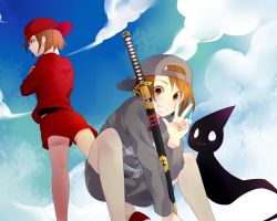 Rule 34 | 2boys, baseball cap, brown hair, cloud, crossed arms, dark yongoh, day, ghost, gradient background, hat, kagerou (witoru), katana, looking at viewer, male focus, masato hiro, multiple boys, outdoors, red eyes, shorts, sky, smile, squatting, sword, v, weapon, witoru, yongoh