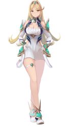 Rule 34 | 1girl, absurdres, armor, blonde hair, breasts, cleavage cutout, clothing cutout, dress, elbow gloves, frown, gem, gloves, highres, jewelry, large breasts, long hair, mythra (xenoblade), parted bangs, sail (sail-away), short dress, shoulder armor, standing, thigh strap, tiara, white background, white dress, white gloves, xenoblade chronicles (series), xenoblade chronicles 2, yellow eyes