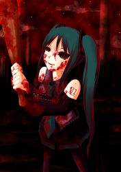 1girl baseball_bat black_eyes blood blue_eyes dark detached_sleeves female_focus hatsune_miku humangate long_hair necktie rannosuke skirt smile solo twintails vocaloid yandere