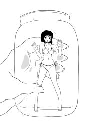 Rule 34 | 1girl, :o, against glass, barefoot, bikini, black hair, blush, full body, greyscale, highres, in container, jar, jitensha, mini person, minigirl, monochrome, navel, open mouth, original, simple background, solo, surprised, swimsuit, toes, trapped