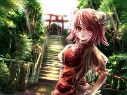 Rule 34 | 1girl, bad id, bad pixiv id, bandaged arm, bandages, blouse, commentary request, double bun, flower, forest, highres, ibaraki kasen, landscape, looking at viewer, nature, open mouth, pink hair, red eyes, rose, scenery, shirt, short hair, short sleeves, shrine, solo, stairs, tabard, thkani, torii, touhou