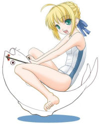 Rule 34 | 00s, 1girl, ahoge, artoria pendragon (fate), barefoot, blonde hair, fate/stay night, fate (series), fish, green eyes, hair ribbon, jpeg artifacts, one-piece swimsuit, ribbon, riding, saber (fate), school swimsuit, solo, swimsuit, t2r, third-party edit, white school swimsuit, white one-piece swimsuit