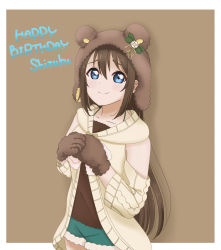 Rule 34 | 1girl, animal ears, animal hands, animal hood, aqua eyes, artist name, artist request, bare shoulders, bear ears, blue eyes, blush, bow, breasts, brown background, brown bow, brown dress, brown hair, brown jacket, brown sweater, clothing cutout, collarbone, dress, exciting animal (love live!), female focus, flower, frilled dress, frills, fur-trimmed pants, fur-trimmed shorts, fur trim, gloves, green pants, green shorts, hair between eyes, highres, hood, hooded jacket, hooded sweater, jacket, light brown jacket, light brown sweater, long hair, long sleeves, looking at viewer, love live!, love live! nijigasaki high school idol club, love live! school idol festival, love live! school idol festival all stars, osaka shizuku, pants, parted lips, paw gloves, polka dot, polka dot bow, ponytail, ribbon, short pants, short shorts, short sleeves, shorts, shoulder cutout, small breasts, smile, solo, sweater, white bow, white flower, worried, yellow ribbon