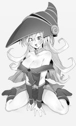 Rule 34 | 1girl, :d, absurdres, between legs, blush, boots, breasts, cleavage, dark magician girl, dress, greyscale, hand between legs, hat, highres, large breasts, long hair, looking at viewer, monochrome, niwarhythm, open mouth, pelvic curtain, short dress, simple background, sitting, smile, solo, very long hair, wariza, white background, wizard hat, yu-gi-oh!