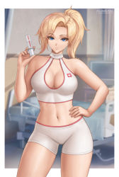 Rule 34 | 1girl, ass, blonde hair, blue eyes, breasts, cleavage, crop top, flowerxl, halterneck, hand on own hip, large breasts, looking at viewer, mercy (overwatch), navel, needle, nurse, outside border, overwatch, overwatch 1, pervert, ponytail, shorts, skin tight, solo, sports bra, thighs