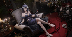 Rule 34 | 1girl, absurdres, ahoge, albedo (overlord), alcohol, armchair, artist name, barefoot, black dress, black gloves, black hair, black wings, blonde hair, bottle, candle, carpet, chair, chandelier, closed mouth, crossed legs, cup, detached collar, detached sleeves, dress, drink, drinking glass, dutch angle, feathered wings, feathers, feet, full body, glint, gloves, hair between eyes, highres, holding, holding cup, horns, indoors, ling dianxia, long hair, looking at viewer, mirror, overlord (maruyama), plant, potted plant, shelf, short sleeves, sitting, skill, smile, solo, strapless, strapless dress, table, teeth, toes, very long hair, wine, wine glass, wings