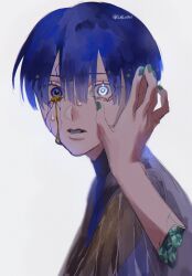 Rule 34 | 1other, blue eyes, blue hair, bowl cut, comforting, commentary, cracked skin, crystal, dual persona, from side, golden arms, green nails, heterochromia, highres, houseki no kuni, li thi a0101, looking at viewer, looking to the side, moon uniform (houseki no kuni), other focus, parted lips, phosphophyllite, phosphophyllite (ll), reaching, see-through, see-through sleeves, severed hand, severed limb, short hair, simple background, sketch, solo focus, spoilers, surprised, time paradox, twitter username, upper body, wet, white background, white eyes, wide sleeves