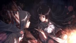 Rule 34 | 2girls, black eyes, black hair, bonfire, bow, collarbone, commentary, congming lan, dark, eye contact, eyelashes, fire, fujiwara no mokou, hair bow, hand up, highres, houraisan kaguya, index finger raised, light particles, long hair, looking at another, looking to the side, multiple girls, night, silver hair, sitting, smile, touhou