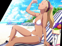 Rule 34 | 1girl, bikini, blonde hair, blush, breasts, cleavage, dark-skinned female, dark skin, earrings, closed eyes, female focus, highres, jewelry, kanata no astra, long hair, medium breasts, navel, open mouth, outdoors, quitterie rafaeli, screencap, solo, stitched, stud earrings, swimsuit, third-party edit, twintails