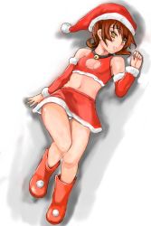 Rule 34 | 1girl, annie barrs, bare shoulders, blush, boots, breasts, brown eyes, brown hair, christmas, cleavage cutout, clothing cutout, detached sleeves, hat, highres, iriza, midriff, open mouth, panties, santa costume, santa hat, short hair, skirt, solo, tales of (series), tales of rebirth, underwear