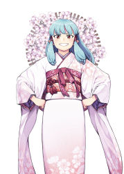 Rule 34 | 1girl, blue hair, brown eyes, commentary request, floral print, flower, grin, hair tubes, hamada yoshikazu, hands on own hips, highres, japanese clothes, kimono, kiriha (tsugumomo), long hair, long sleeves, looking at viewer, obi, official art, pointy ears, print kimono, sash, simple background, smile, solo, tsugumomo, white background, wide sleeves