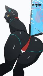 Rule 34 | 1girl, 2023, 808 (hi-fi rush), all fours, animal ears, animated, animated gif, ass, ass focus, bad tag, black fur, black skin, blue markings, cat, cat ears, cat girl, cat tail, catober 2020, collar, colored skin, feliscede, female focus, hi-fi rush, looking at viewer, looking back, machine, markings, panties, red collar, red panties, robot, robot cat, shiny skin, simple background, skimpy, smile, solo, solo focus, tail, tail motion, underwear, white background, wide hips, yellow eyes