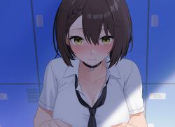 Rule 34 | 1girl, absurdres, ahoge, azur lane, baltimore (after-school ace) (azur lane), baltimore (azur lane), black choker, black necktie, blush, braid, breasts, brown hair, choker, cleavage, closed mouth, collarbone, collared shirt, commentary request, eyebrows hidden by hair, french braid, from above, hair between eyes, highres, indoors, large breasts, locker, looking at viewer, loose necktie, motono (sakamotono), necktie, nose blush, official alternate costume, partial commentary, school uniform, shirt, short hair, short sleeves, sidelocks, smile, solo, standing, upper body, white shirt, yellow eyes