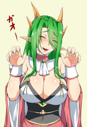 Rule 34 | 1girl, breasts, cleavage, closed eyes, detached collar, dragon girl, dream demon, female focus, green hair, hair over one eye, horns, large breasts, long hair, mole, mole under mouth, monster girl, open mouth, original, pointy ears, sharp teeth, simple background, smile, solo, teeth, white background