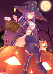 Rule 34 | 1girl, basket, bat (animal), blush, breasts, commentary request, crossed legs, flower, flower knight girl, full moon, hat, highres, holding, holding basket, jack-o&#039;-lantern, light bulb, long hair, looking at viewer, moon, night, norinori 12th, open mouth, outdoors, purple hair, purple thighhighs, sitting, solo, star (sky), star (symbol), thighhighs, tree, very long hair