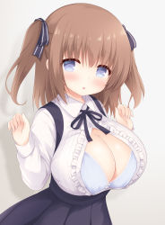 Rule 34 | 1girl, arms up, black dress, blouse, blue bra, blue eyes, blush, bra, breasts, brown hair, cleavage, collared shirt, commentary request, commission, dress, hair ribbon, highres, large breasts, long hair, long sleeves, looking at viewer, meme attire, open mouth, oppai loli, original, pixiv commission, popped button, ribbon, shirt, simple background, solo, standing, twintails, underwear, upper body, virgin killer outfit, white shirt, yuu (yumezakura)