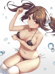 Rule 34 | 1girl, azur lane, bikini, black bikini, blush, breast hold, breasts, brown hair, collarbone, commentary request, hair between eyes, hair ribbon, hand up, haruna (azur lane), highres, horns, icomochi, long hair, looking at viewer, medium breasts, navel, open mouth, red eyes, ribbon, side-tie bikini bottom, simple background, swimsuit, thighhighs, twintails, water, white background, white thighhighs