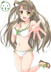 Rule 34 | 10s, 1girl, bad id, bad pixiv id, bikini, blush, bow, breasts, brown eyes, brown hair, cleavage, foreshortening, front-tie bikini top, front-tie top, grey hair, hair bow, hand on own chest, kishirotou, long hair, looking at viewer, love live!, love live! school idol project, minami kotori, navel, one side up, open mouth, outstretched hand, sandals, side-tie bikini bottom, simple background, smile, solo, swimsuit, white background, white bikini, yellow eyes
