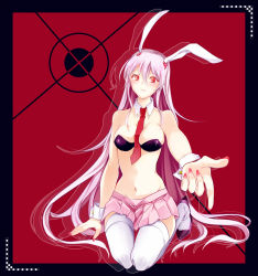 Rule 34 | 1girl, animal ears, between breasts, blush, breasts, cleavage, hair between eyes, hoozuki shia, long hair, looking at viewer, miniskirt, navel, necktie, necktie between breasts, pleated skirt, purple hair, rabbit ears, red eyes, reisen udongein inaba, seiza, simple background, sitting, skirt, smile, solo, striped, striped background, thighhighs, touhou, very long hair, white thighhighs