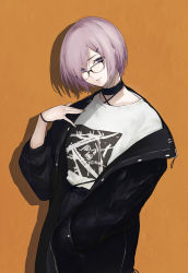 Rule 34 | 1girl, alternate costume, black-framed eyewear, black choker, black jacket, black skirt, brown background, choker, closed mouth, commentary request, drop shadow, fate/grand order, fate (series), glasses, hair ornament, hair over one eye, hairclip, hand in pocket, head tilt, highres, jacket, long sleeves, looking at viewer, marumoru, mash kyrielight, open clothes, open jacket, puffy long sleeves, puffy sleeves, purple eyes, purple hair, shirt, short hair, skirt, solo, white shirt