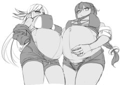 Rule 34 | 2girls, akeggle, azur lane, bare shoulders, bikini, black hair, braid, breasts, covered erect nipples, crown braid, from below, hand on own hip, hand on own stomach, jacket, jacket partially removed, large breasts, linea nigra, long hair, looking at viewer, looking down, massachusetts (azur lane), monochrome, multiple girls, nipples, open clothes, open fly, open jacket, outie navel, parted bangs, parted lips, pregnant, ribs, short shorts, shorts, south dakota (azur lane), swimsuit, underboob, very long hair, white hair, zipper pull tab