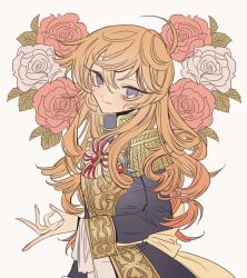 Rule 34 | 1girl, ahoge, aiguillette, blonde hair, blue eyes, closed mouth, epaulettes, floral background, flower, from side, gradient hair, hair between eyes, light smile, long hair, long sleeves, looking at viewer, meremero, multicolored hair, no pupils, oscar francois de jarjayes, red flower, red rose, rose, simple background, solo, uniform, versailles no bara, white flower, white rose