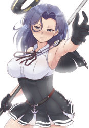 Rule 34 | 1girl, armpits, bare shoulders, black gloves, black skirt, blush, breasts, capelet, closed mouth, commentary, female focus, gloves, half-closed eyes, holding, holding weapon, kantai collection, large breasts, light smile, looking at viewer, medium hair, outstretched hand, polearm, purple eyes, purple hair, simple background, skirt, solo, tatsuta (kancolle), tatsuta kai ni (kancolle), weapon, white background, wo jianqiang fu guo